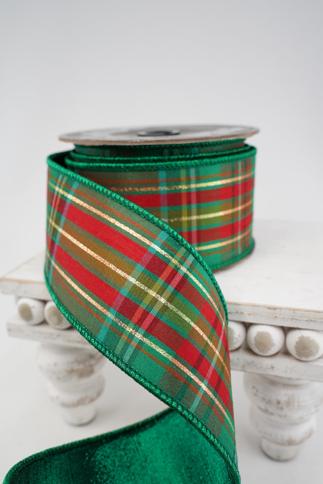 Green holiday plaid wired ribbon 2.5”