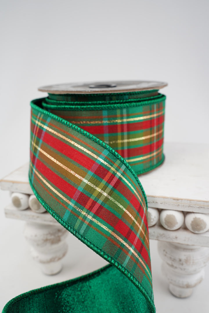 Green holiday plaid wired ribbon 2.5”