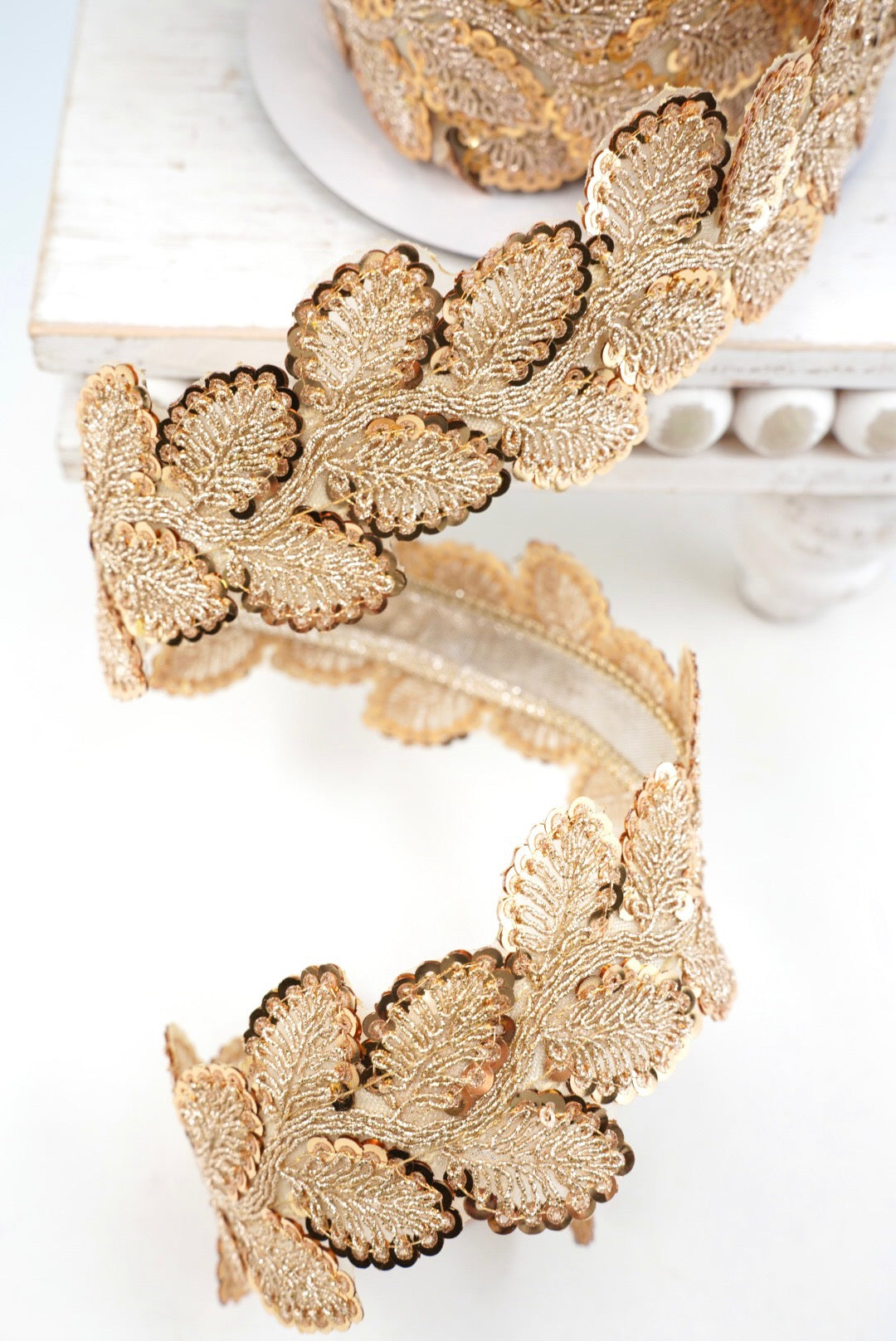 John Mark, Gold & Platinum Sequin Leaf Metallic Dupion Trim Wired Ribbon