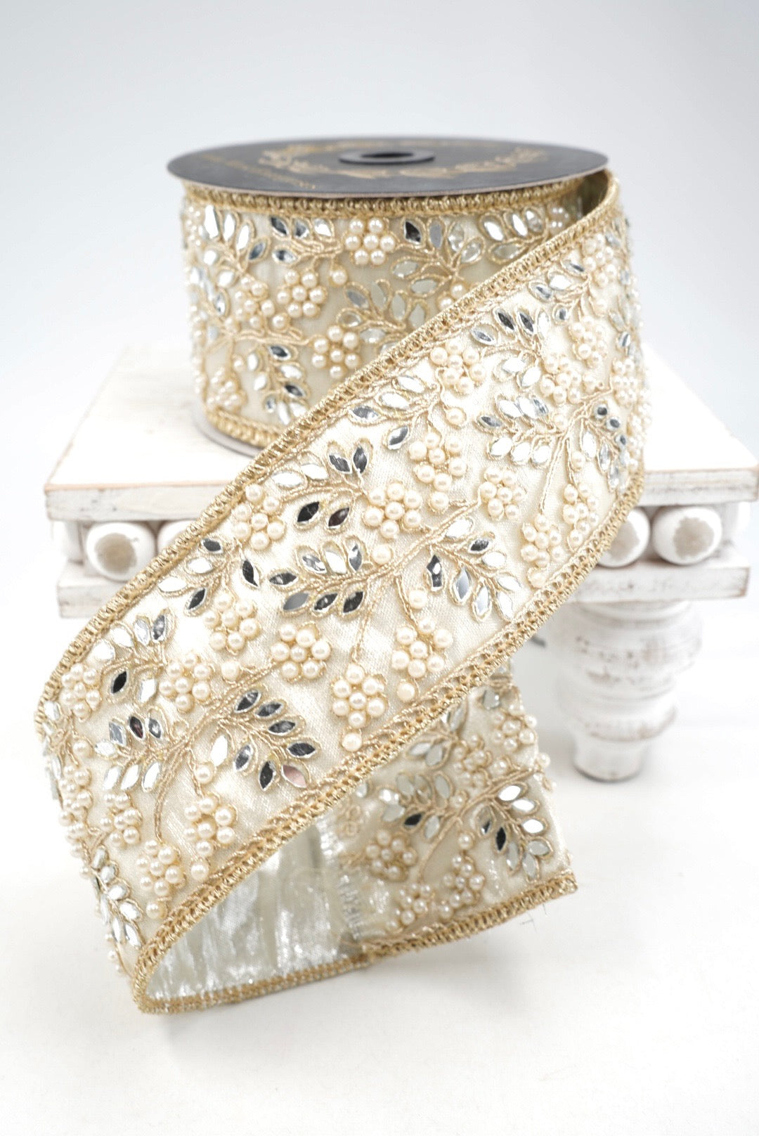 John Mark, Gold & Platinum Jeweled Pearl Mirror Trim Wired Ribbon - 2.5"