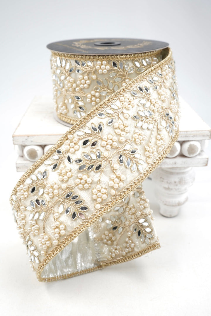 John Mark, Gold & Platinum Jeweled Pearl Mirror Trim Wired Ribbon - 2.5"