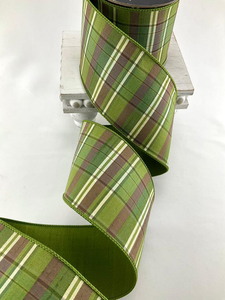 Olive Sherwood Plaid Farrisilk Wired Ribbon - 4"