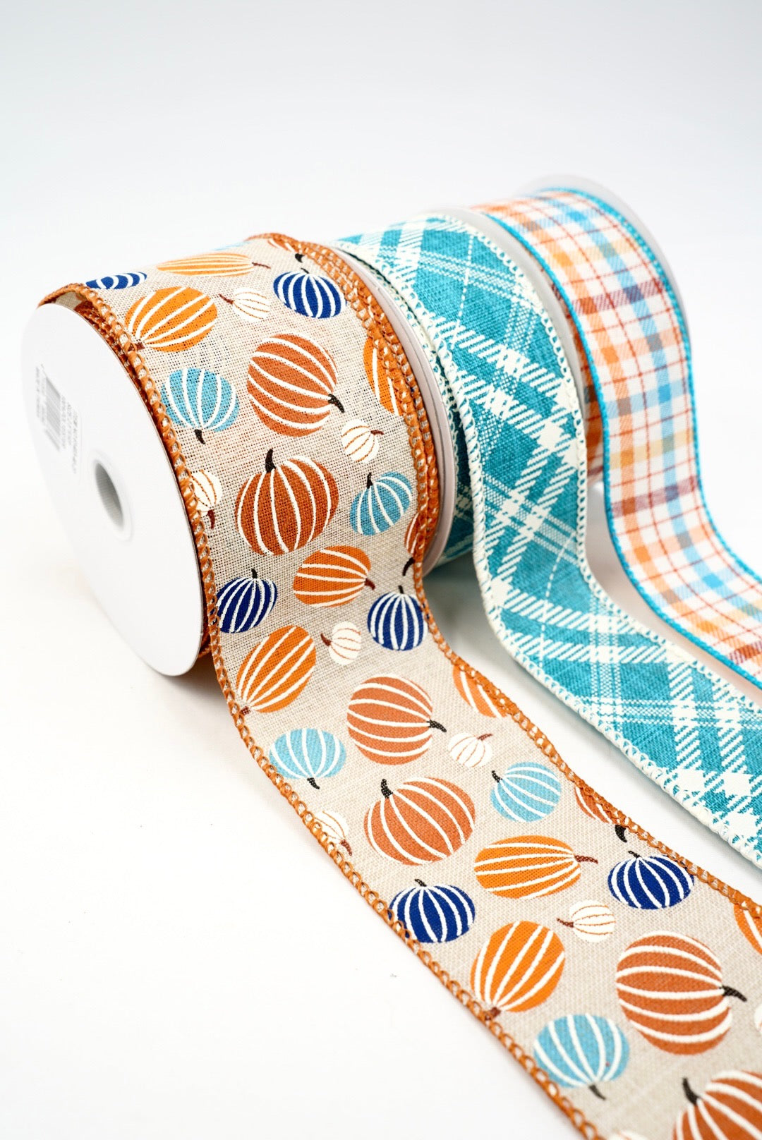 Turquoise Pumpkin And Plaid Bow Bundle x 3 Ribbons