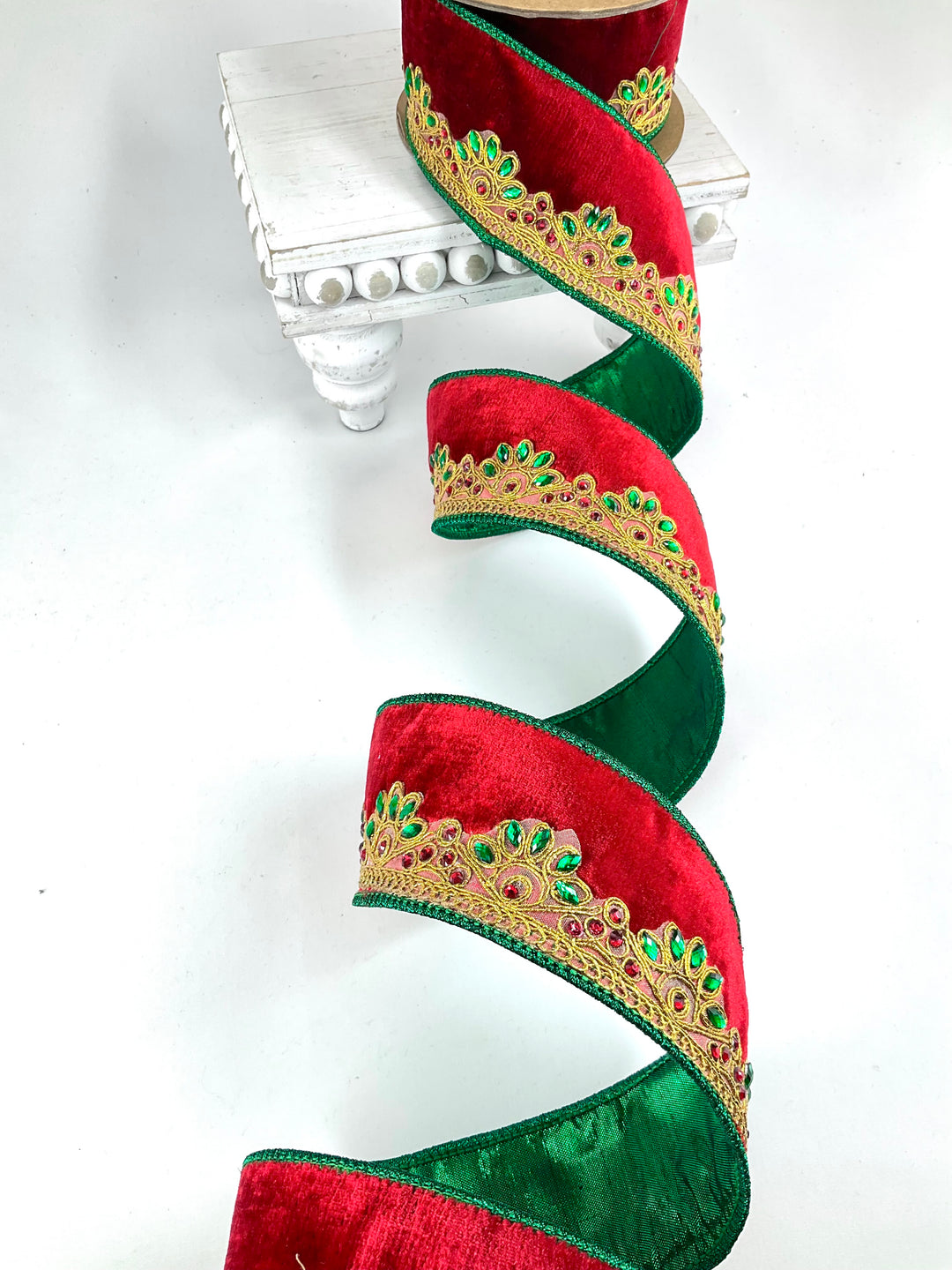 Gold Scallope Jewel Trim Wired Premium Velvet Ribbon - 2.5"