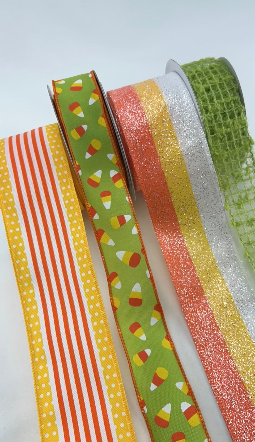 DIY ribbon bow bundle x 4 rolls- Green halloween candy corn