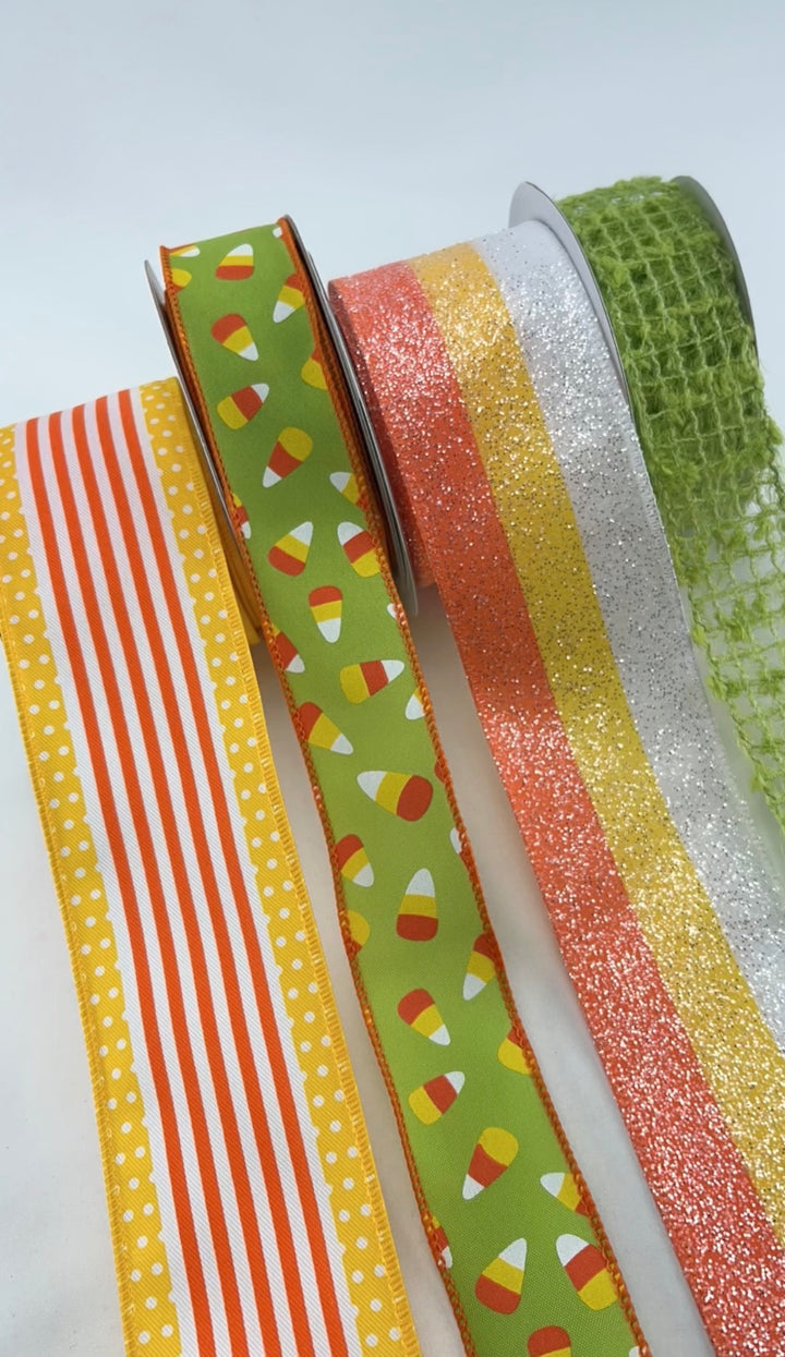 DIY ribbon bow bundle x 4 rolls- Green halloween candy corn