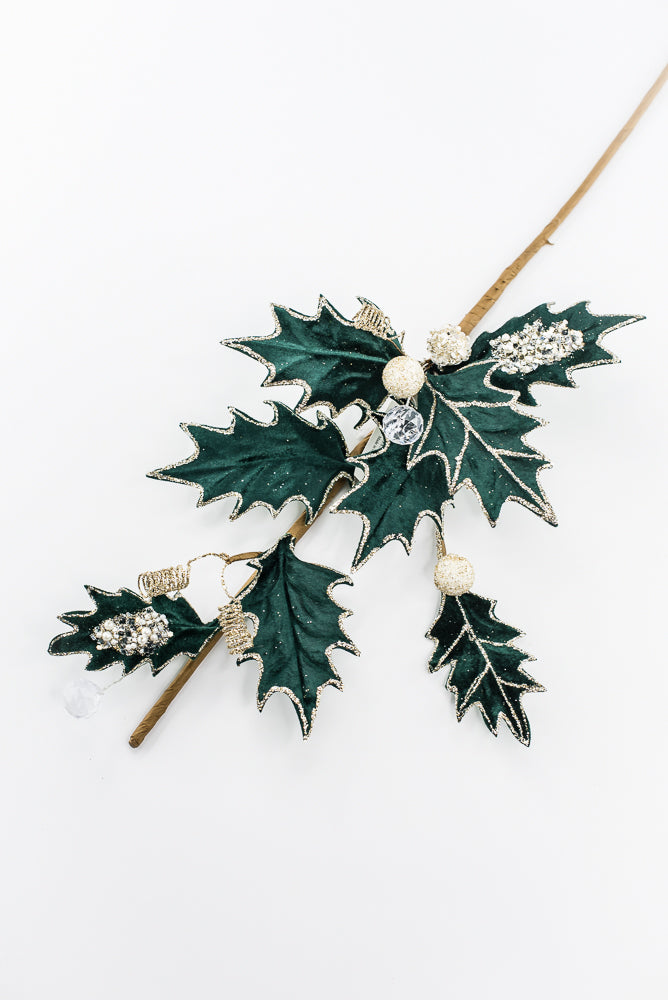Artificial Green Velvet Holly Berry With Glitter Spray - 25"