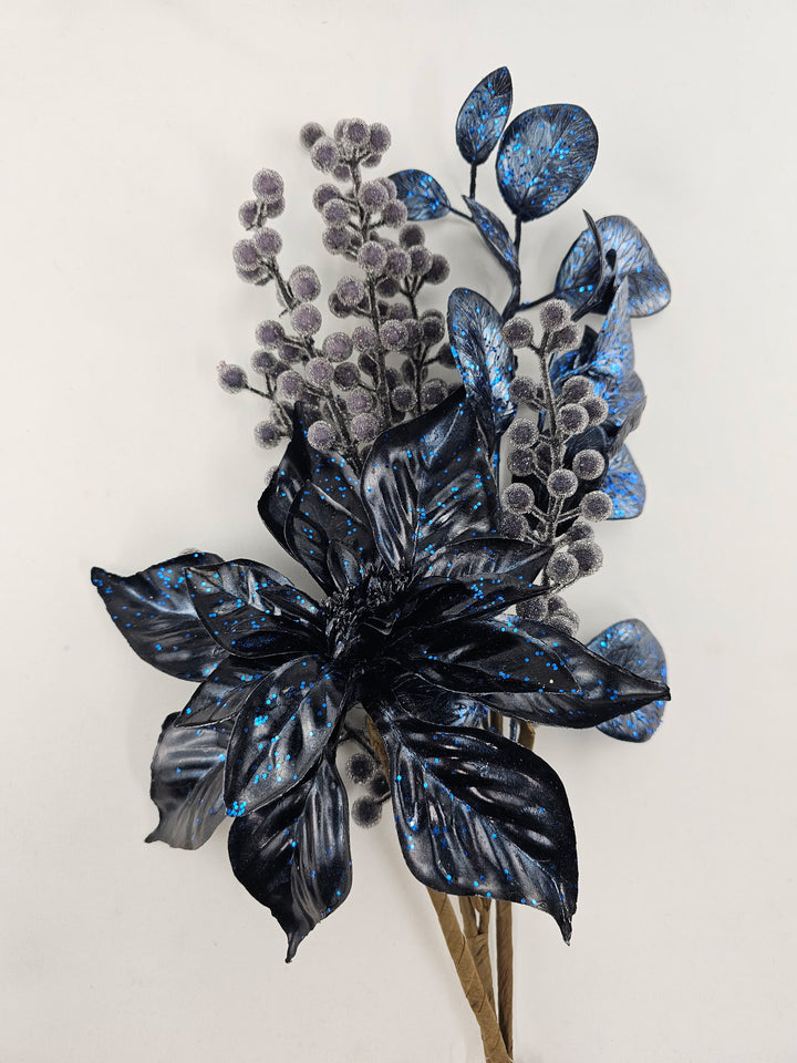 Artificial Blue Mixed Poinsettia Berry Bundle - 25"