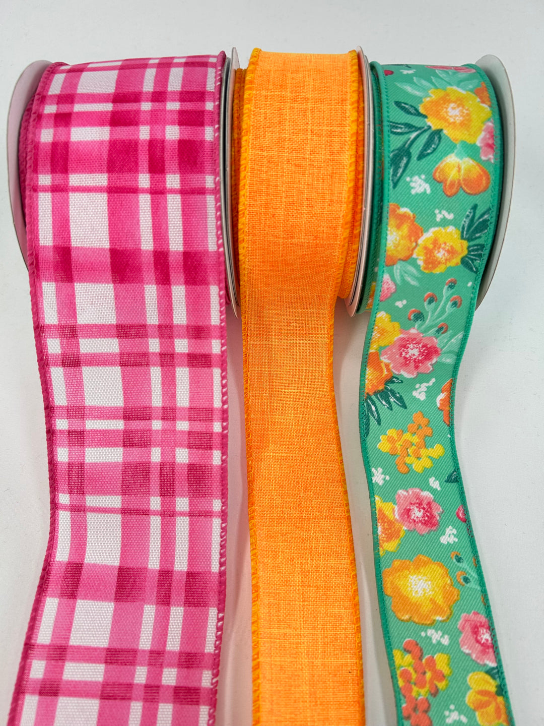 Vibrant Orange And Pink Floral bow bundle x 3 wired ribbons
