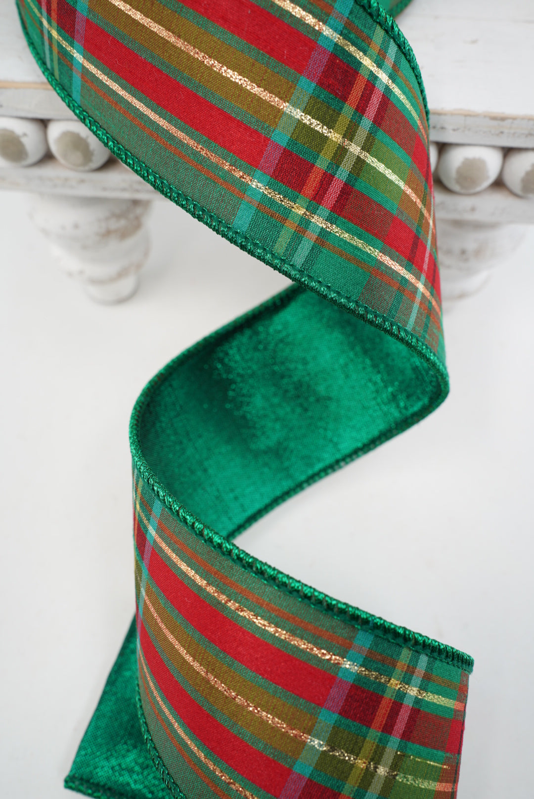 Green holiday plaid wired ribbon 2.5”