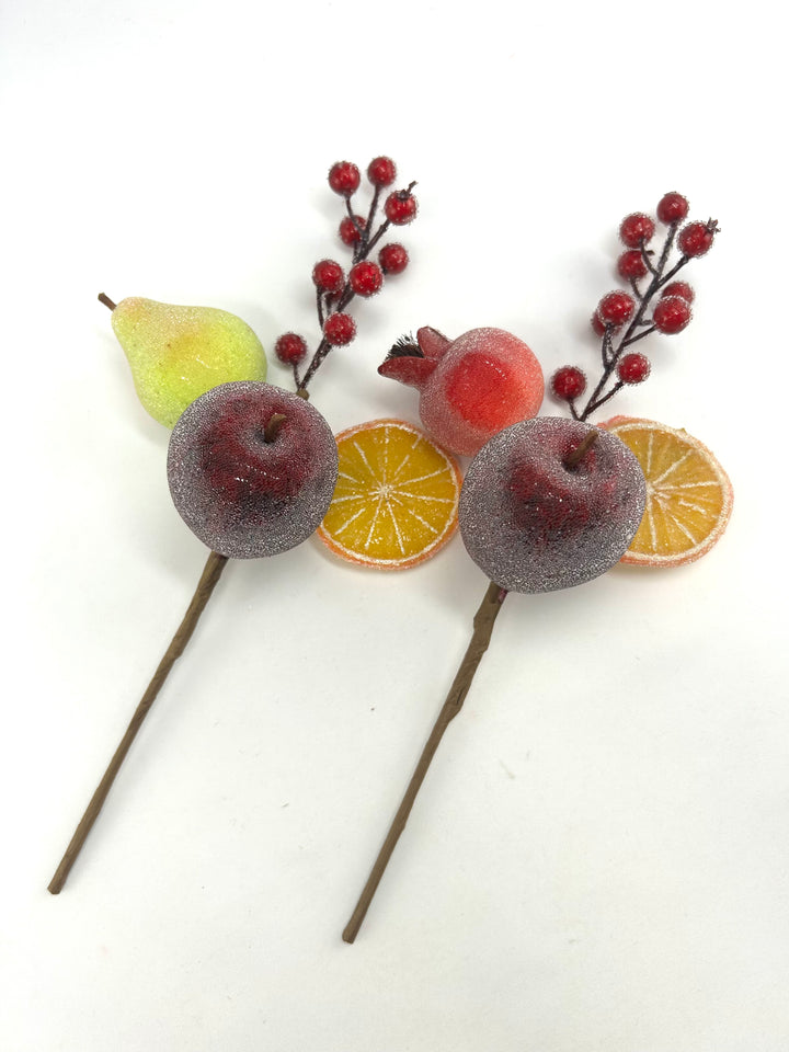 Artificial Red & Orange Pear, Apple, Berry & Orange Pick - 12" - SET of 2 assorted