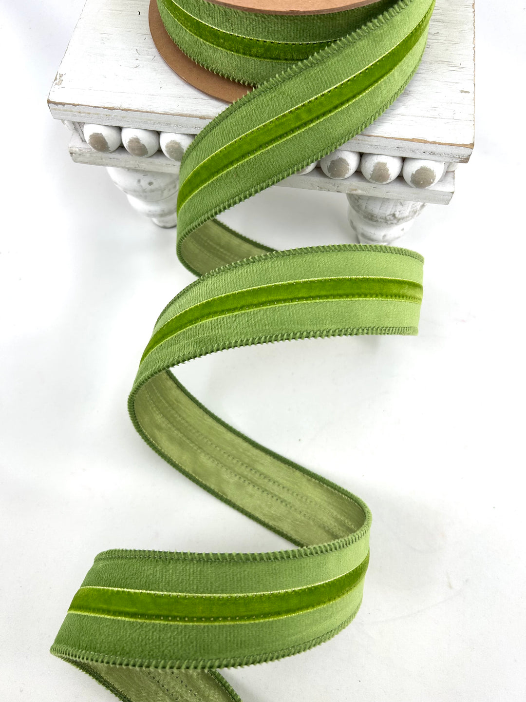 Green with Green Trim Wired Velvet Ribbon w/ Trim - 1.5"