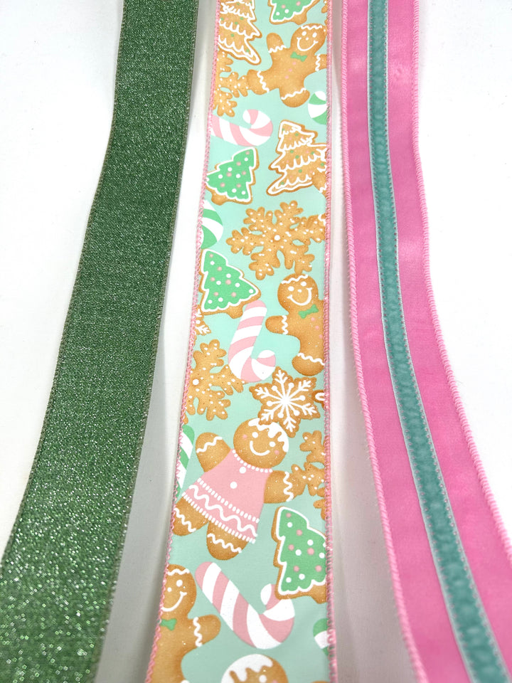 Pink Mint Gingerbread Bow Bundle x 3 Wired Ribbons
