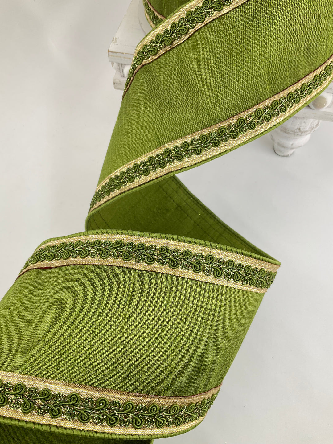 Olive Vintage Scroll Farrisilk Wired Ribbon - 4"