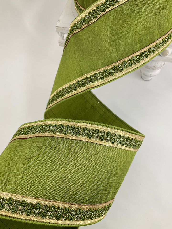 Olive Vintage Scroll Farrisilk Wired Ribbon - 4"