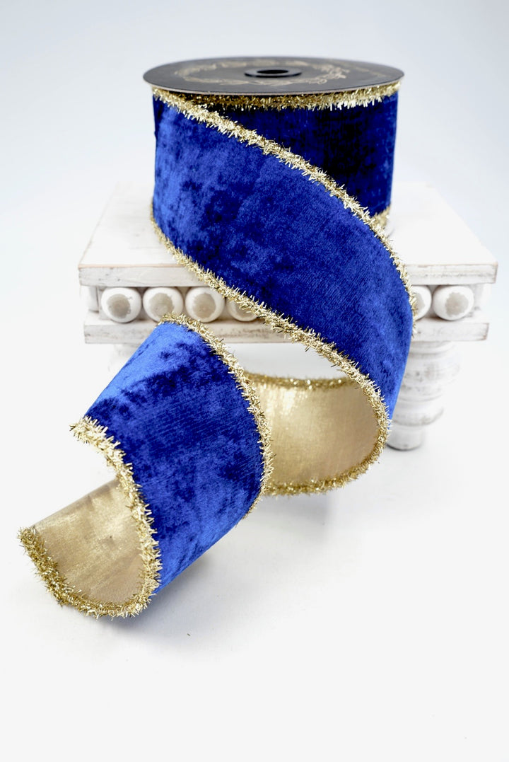 John Mark, Blue Velvet Metallic Dupion Tinsel Edge Wired Ribbon - 2.5"