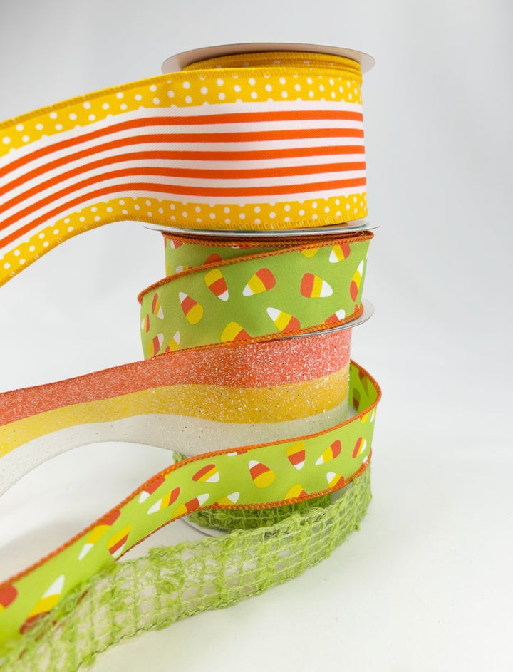 DIY ribbon bow bundle x 4 rolls- Green halloween candy corn