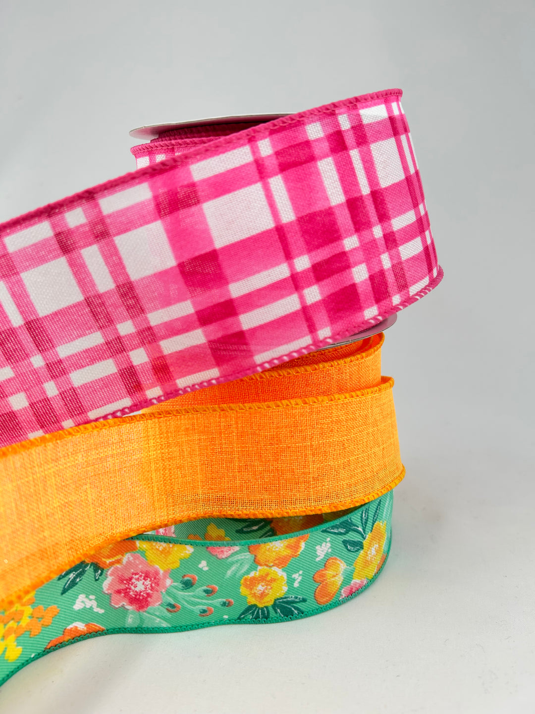 Vibrant Orange And Pink Floral bow bundle x 3 wired ribbons