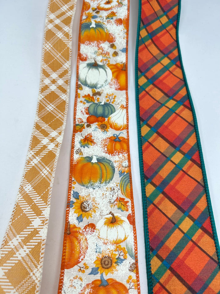 Teal And Mustard Plaid Pumpkin Bow Bundle x 3 Ribbons