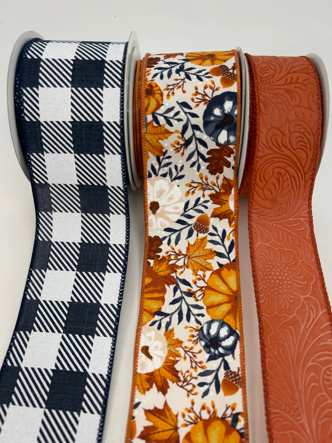 Navy Blue And Rust Pumpkins Bow Bundle x 3 ribbons