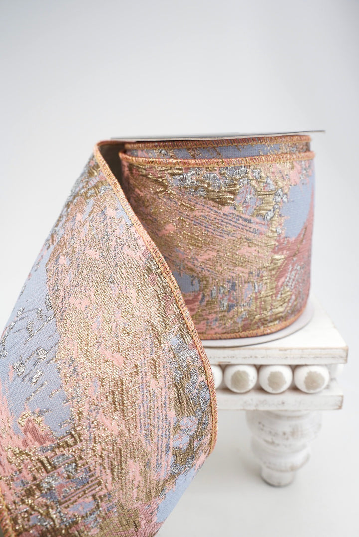 John Mark, Pink, Blue, & Gold Metallic Dupion Wired Ribbon - 4"