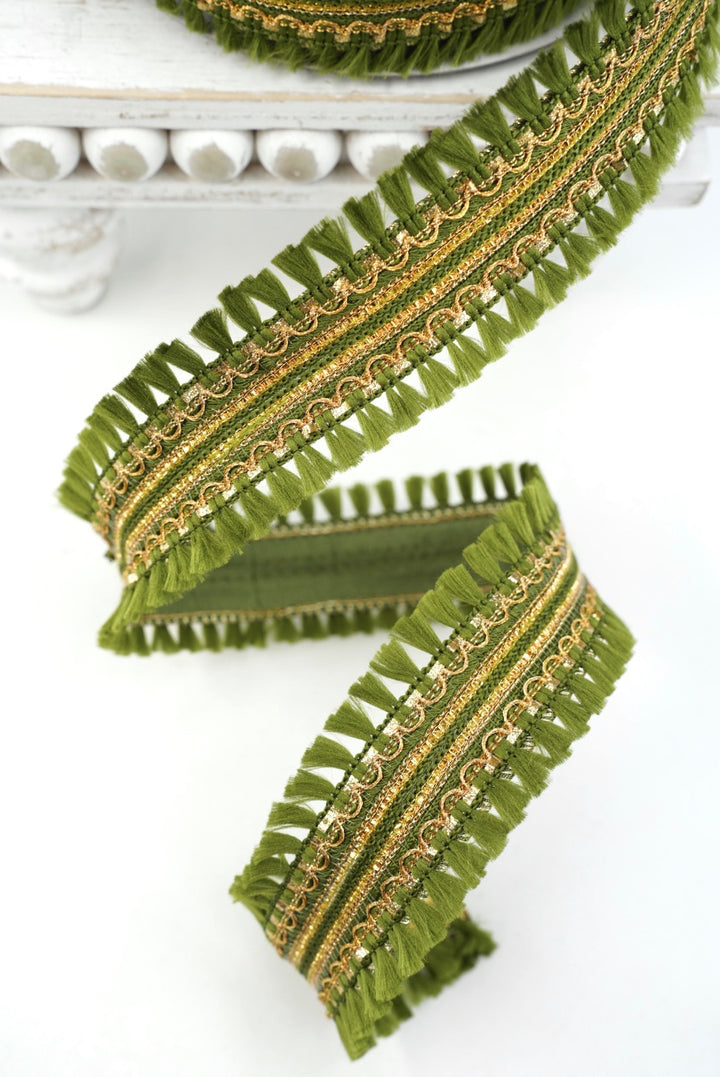 John Mark, Green Tassel Fringe Dupion Wired Ribbon - 1.5"