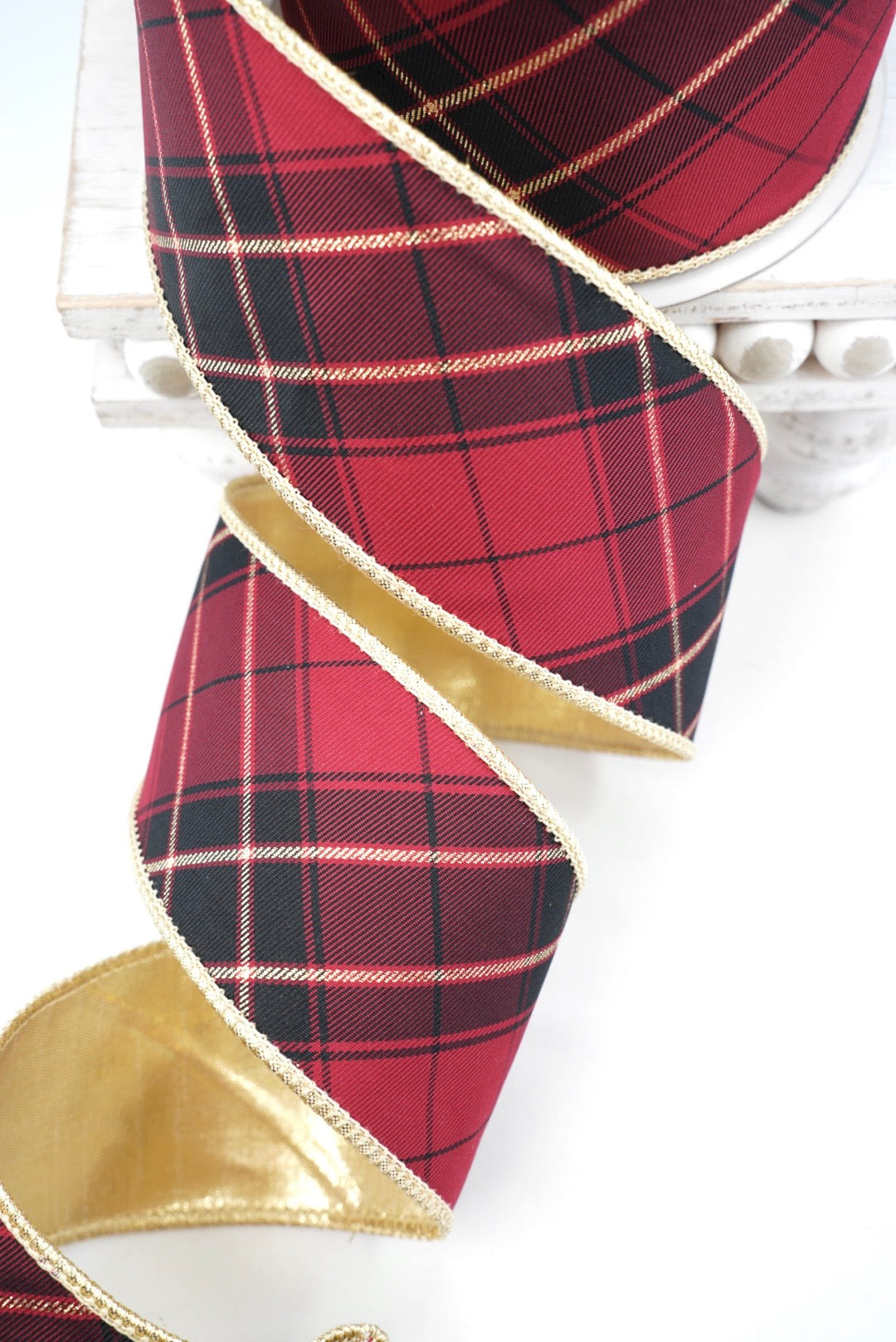 John Mark, Burgundy & Gold Plaid Wired Ribbon - 2.5"