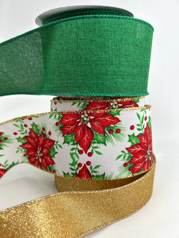 Red And Green Poinsettia Bow Bundle x 3 ribbons