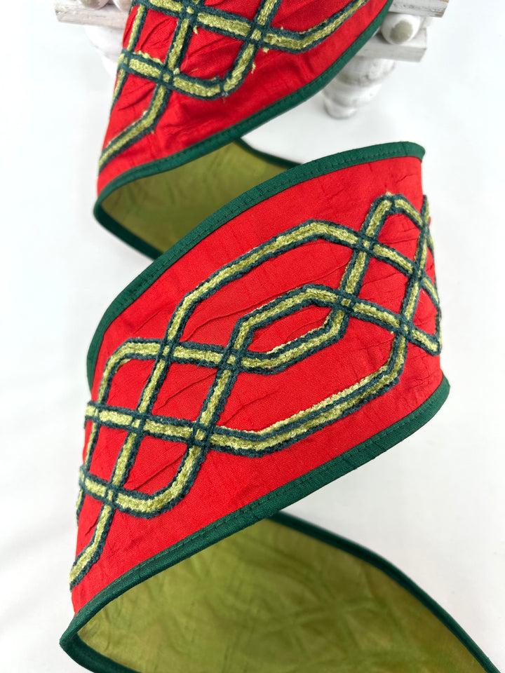 John Mark, Red Embroidered Trellis Wired Ribbon - 4"