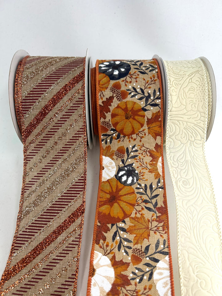 Pumpkins, Copper Stripe, Bow Bundle x 3 Ribbons