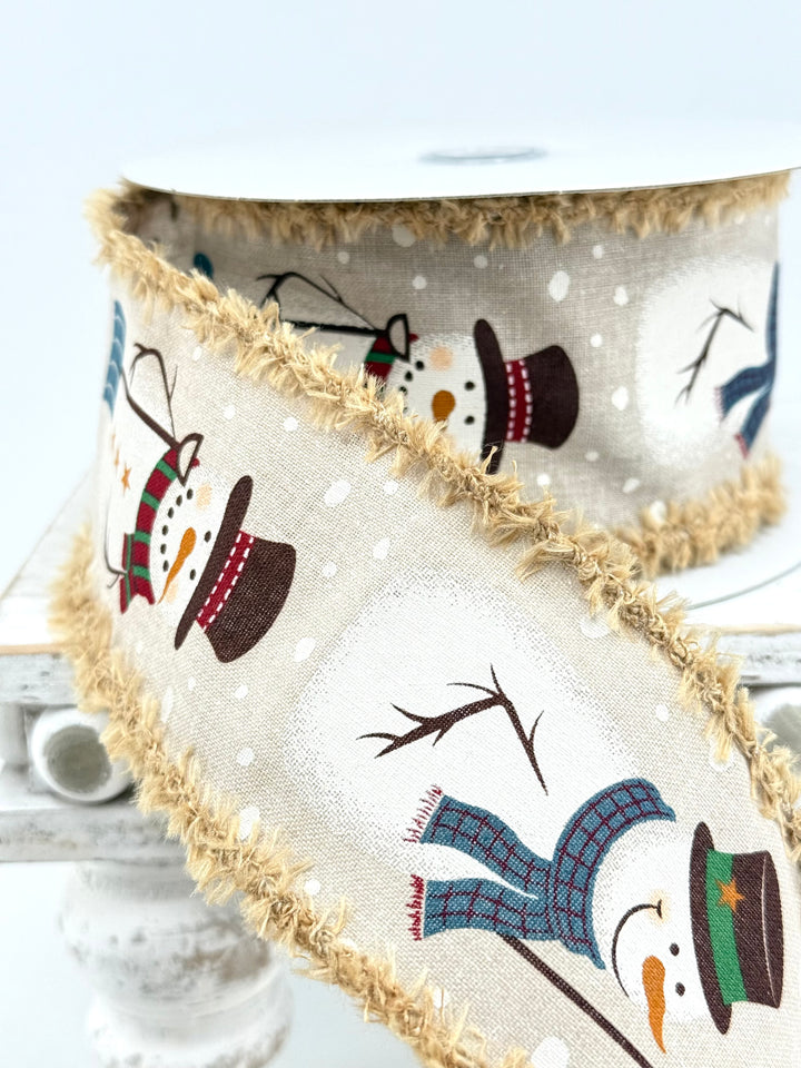 Natural Snowman Fluffy Edge Wired Ribbon - 2.5”