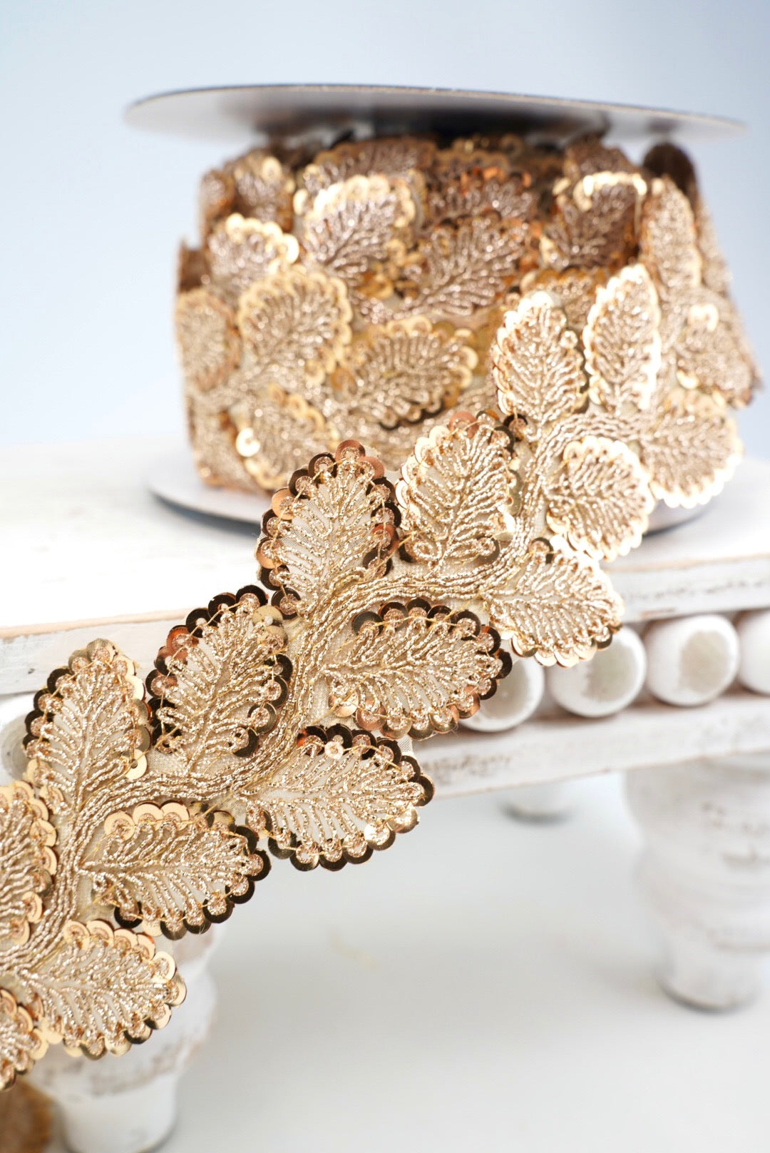 John Mark, Gold & Platinum Sequin Leaf Metallic Dupion Trim Wired Ribbon