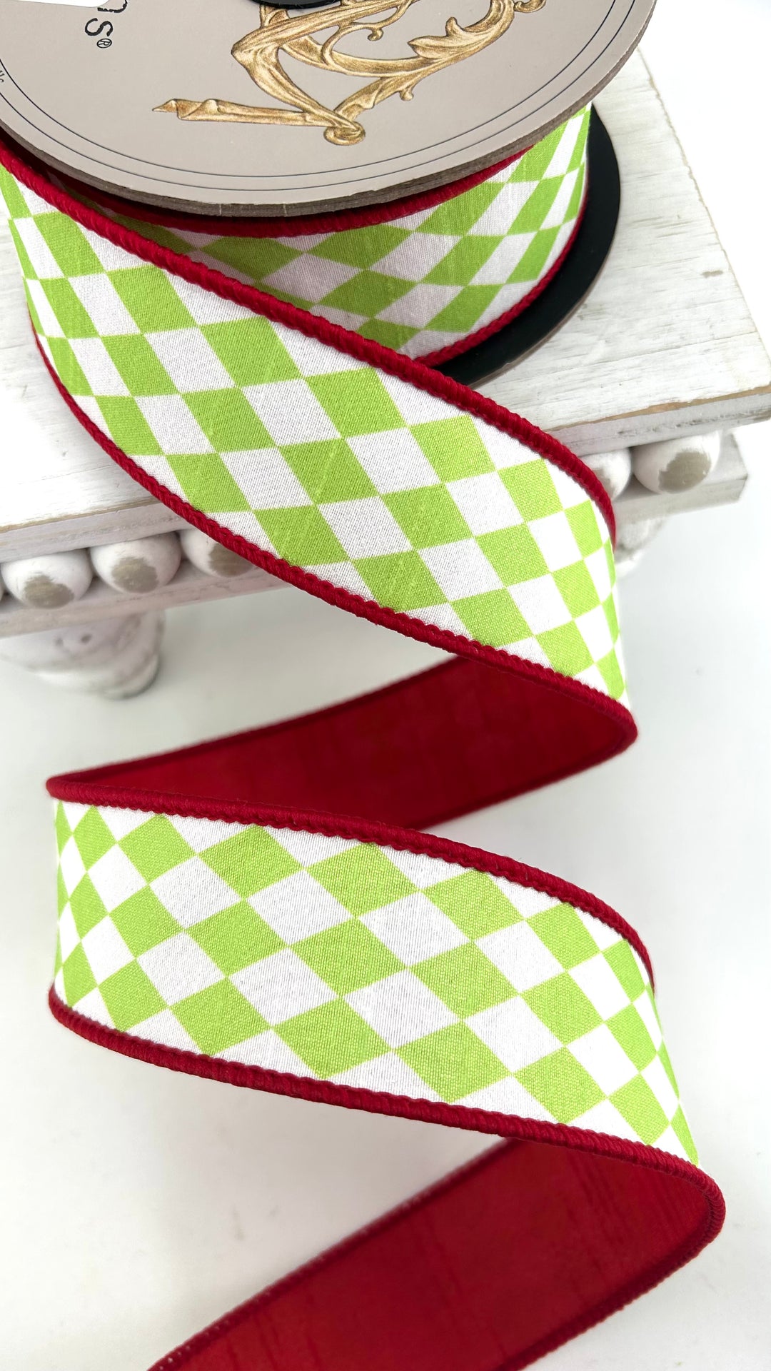 D Stevens Harlequin Red Wired Ribbon 1.5”