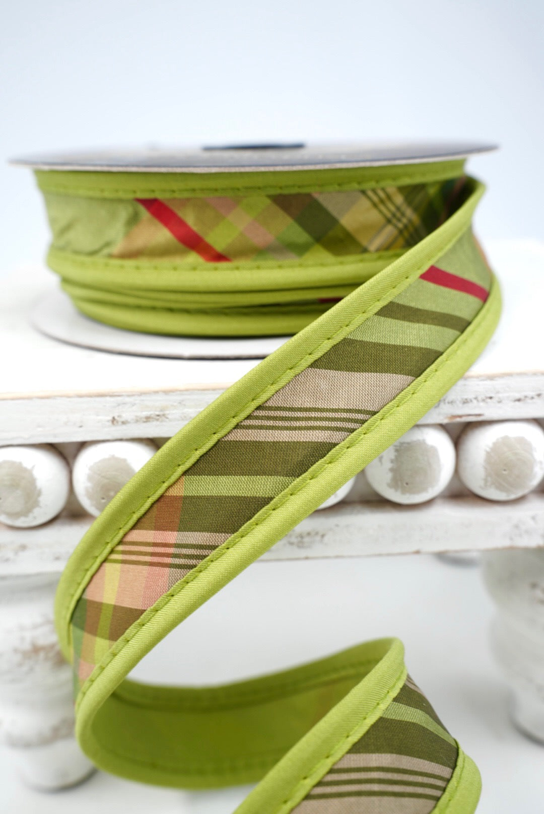John Mark, Green Plaid Taffeta Wired Ribbon - 1"