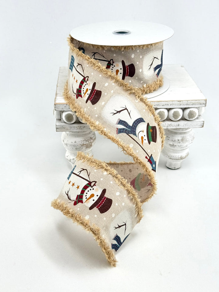Natural Snowman Fluffy Edge Wired Ribbon - 2.5”