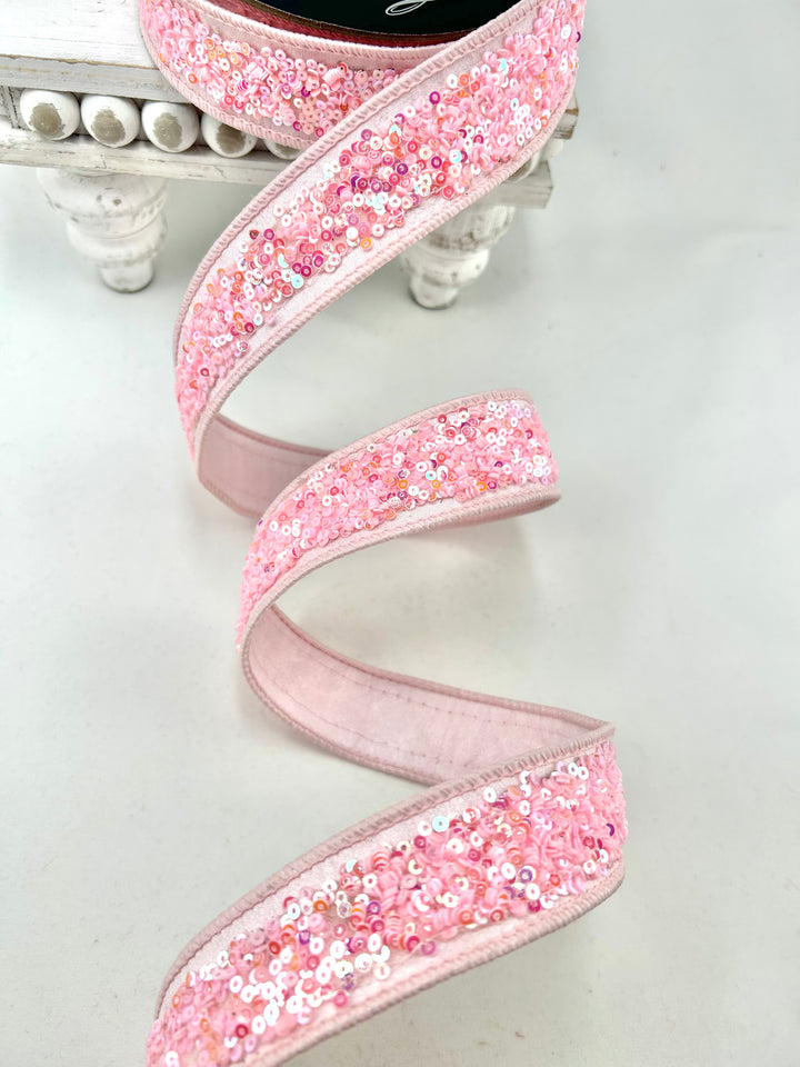 Pink Sequins Sparkles Light Farrisilk Wired Ribbon - 1"