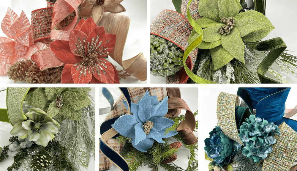 grid of artificial flowers and ribbon in shades of greens, blues, and pinks