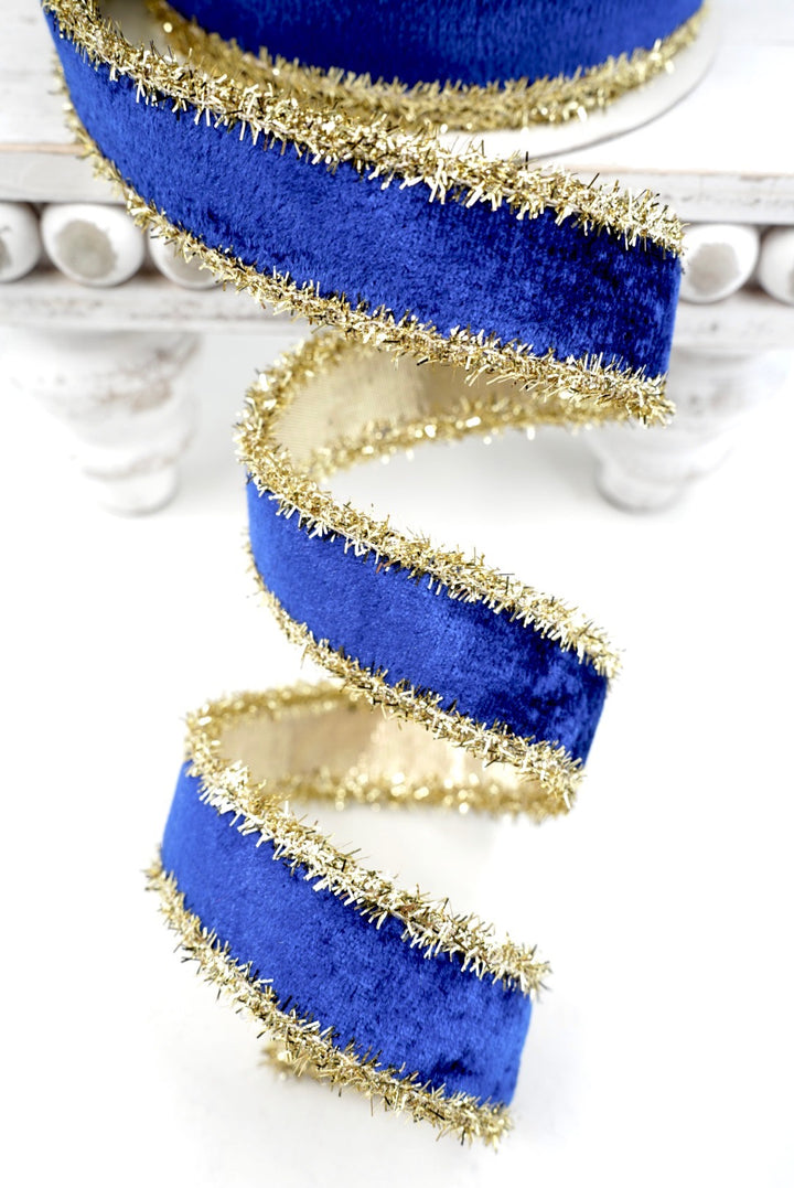 John Mark, Blue Velvet Metallic Dupion Tinsel Edge Wired Ribbon - 1"