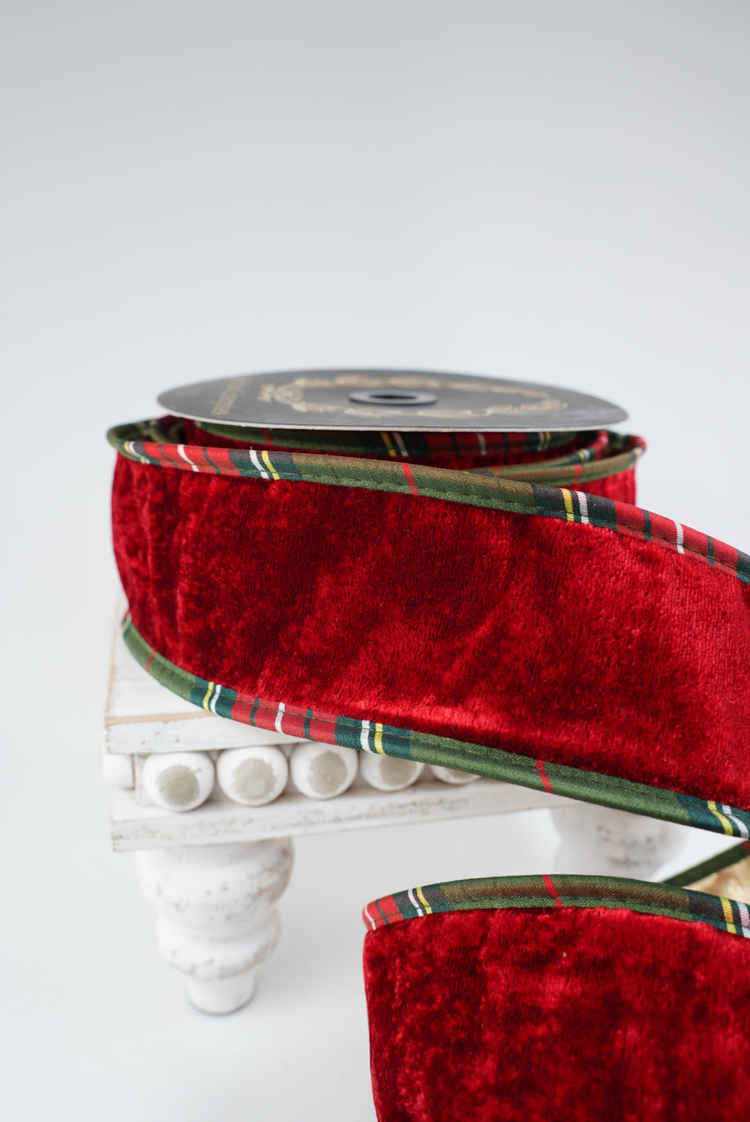 John Mark, Red Velvet And Metallic Dupion Plaid Piping Wired Ribbon - 2.5”