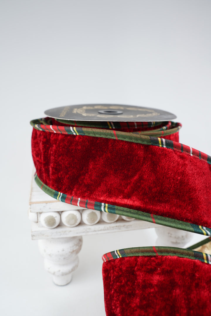 John Mark, Red Velvet And Metallic Dupion Plaid Piping Wired Ribbon - 2.5”