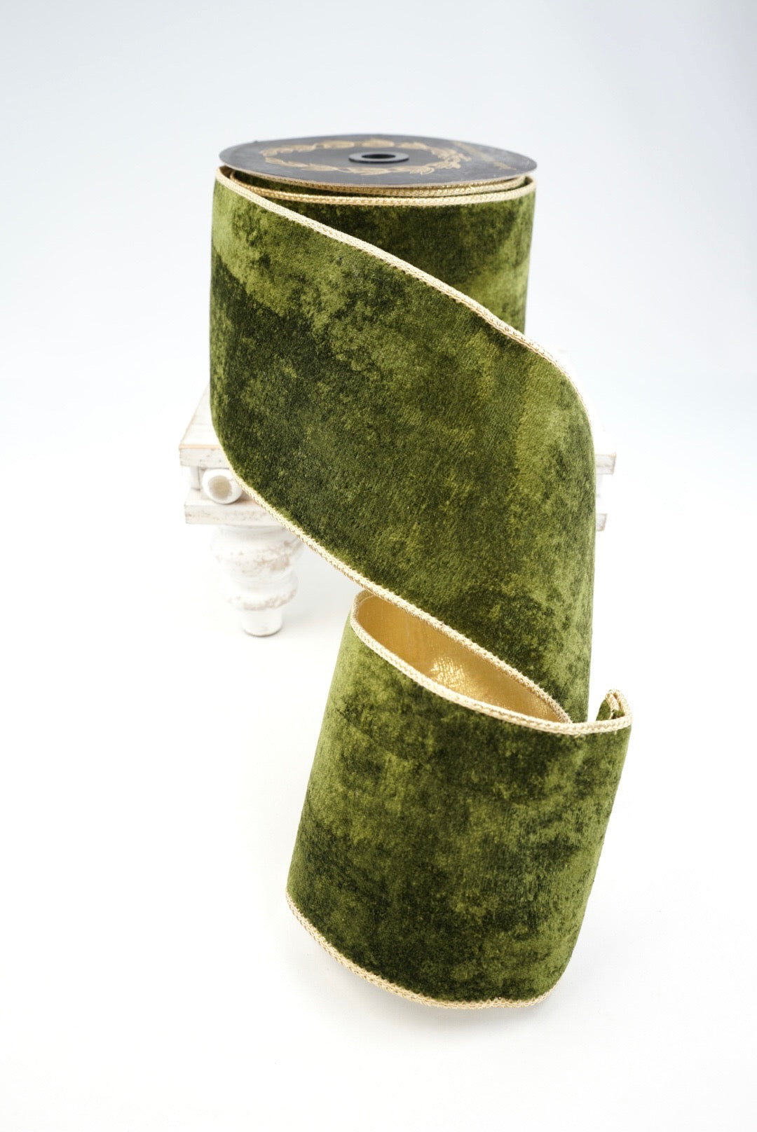 John Mark, Dark Green Velvet Metallic Dupion Wired Ribbon - 4"