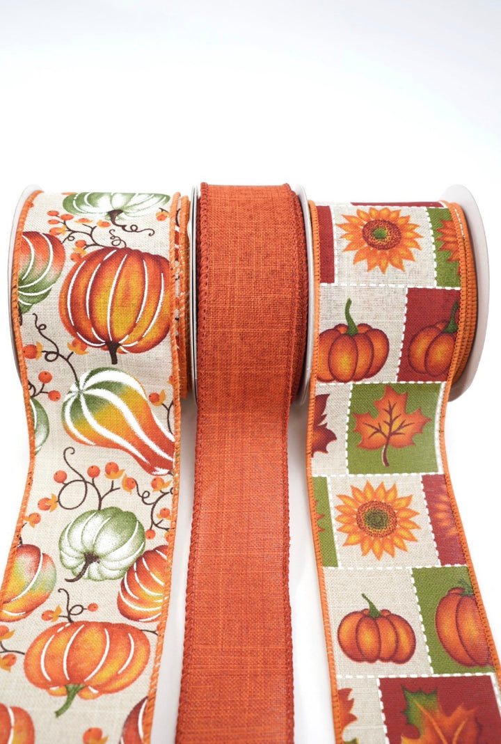 Green And Rust Pumpkin Block Bow Bundle x 3 Ribbons