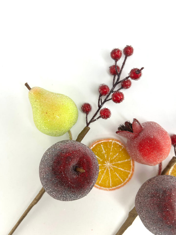 Artificial Red & Orange Pear, Apple, Berry & Orange Pick - 12" - SET of 2 assorted