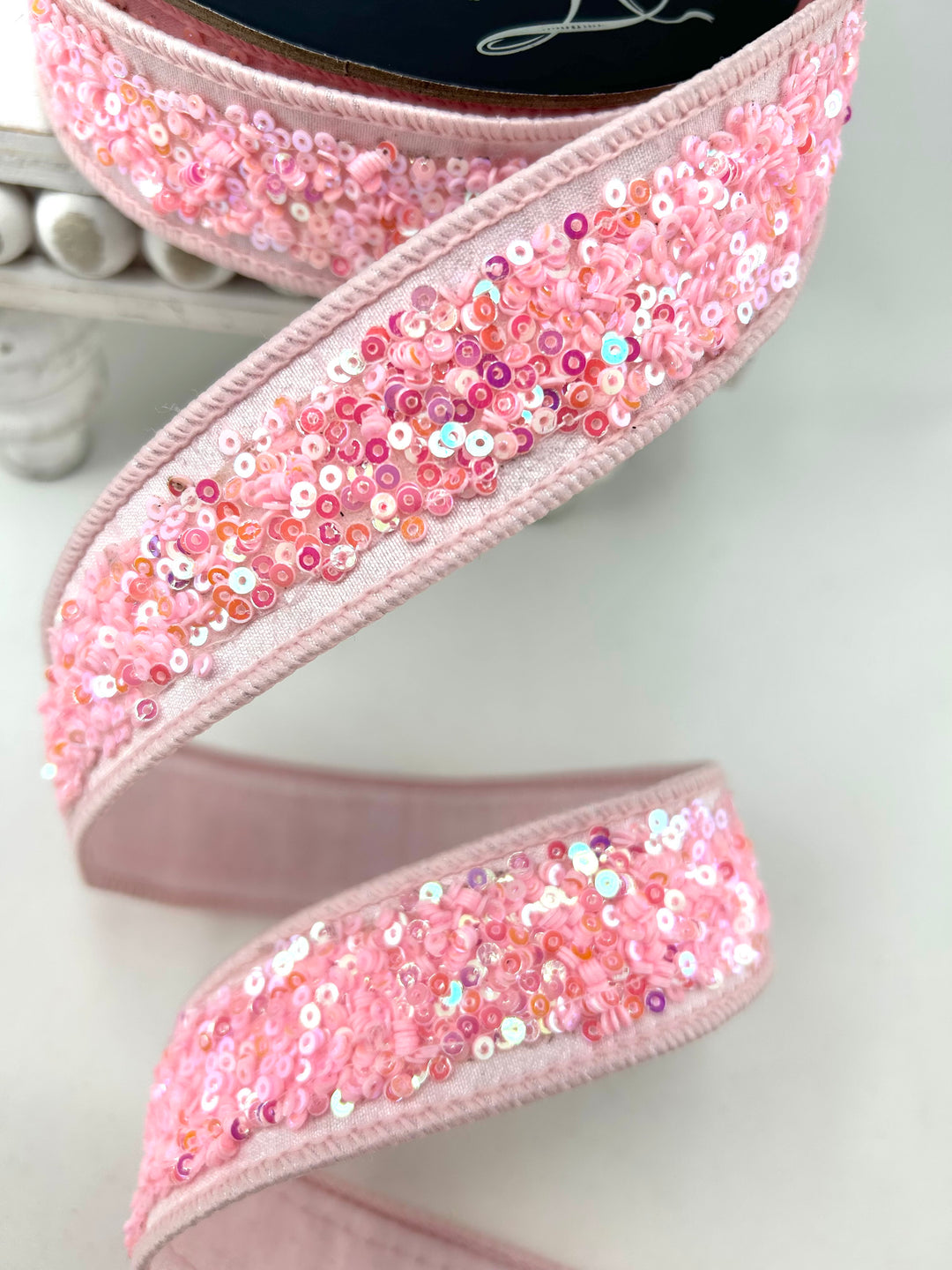Pink Sequins Sparkles Light Farrisilk Wired Ribbon - 1"