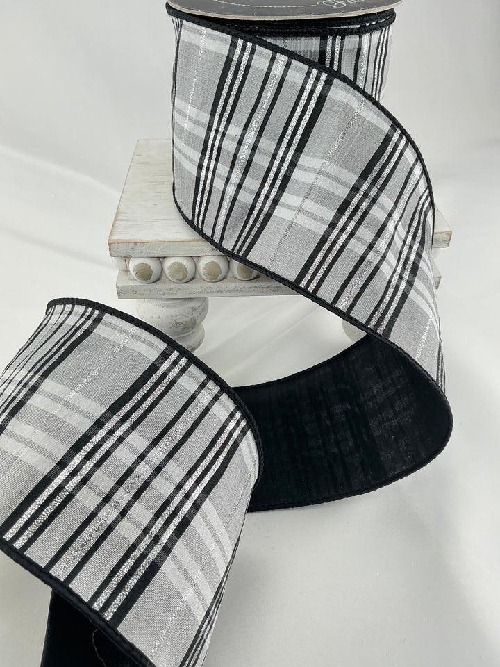 Farrisilk Black and White preppy plaid 4” wired ribbon