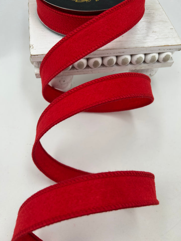 John Mark, Red, Felted Wired Ribbon - 1"