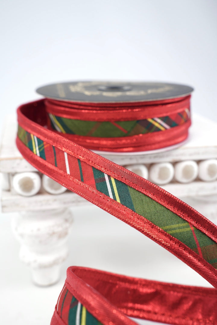 John Mark, Red Traditions Plaid Metallic Wired Ribbon - 1"