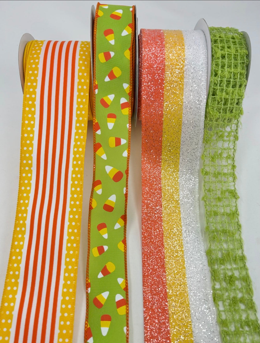 DIY ribbon bow bundle x 4 rolls- Green halloween candy corn