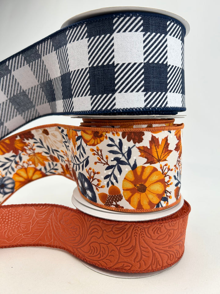 Navy Blue And Rust Pumpkins Bow Bundle x 3 ribbons
