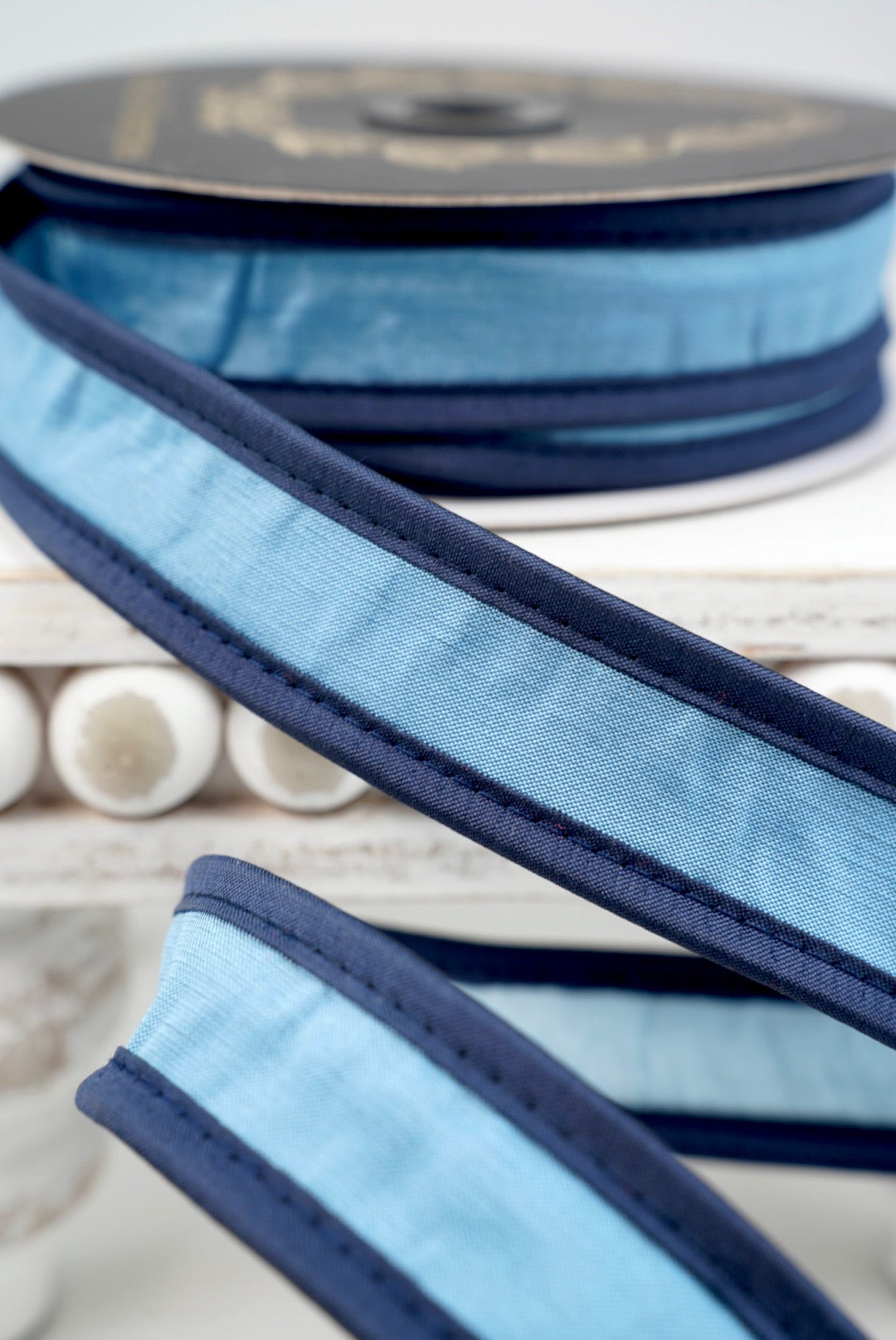 John Mark, Blue & Royal Taffeta Piping Wired Ribbon - 1"